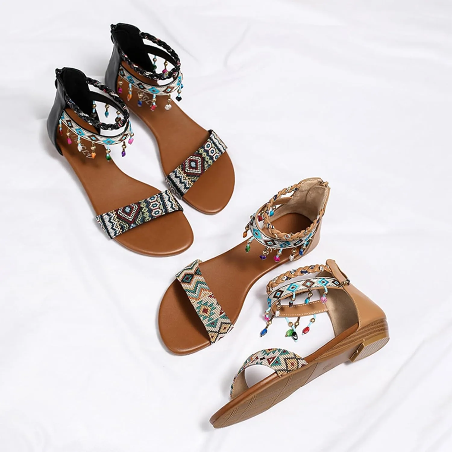Women's Rhinestones Beaded Gladiator Sandals Ankle Strap Zip Back Flat Sandals Boho Style Summer Casual Comfortable Shoes