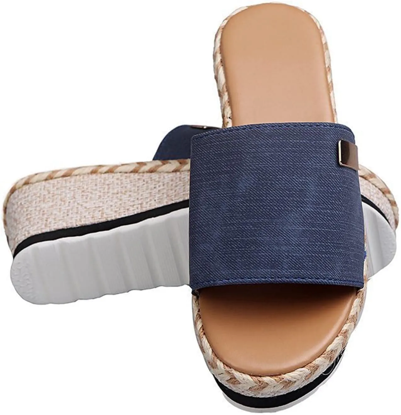 Womens Sandals 2023 Summer Fashion Casual Slip on Wedge Platform Slides Sandal Solid Open Toe Metal Decorate Slippers Comfy Outdoor Anti-Slip Shoes