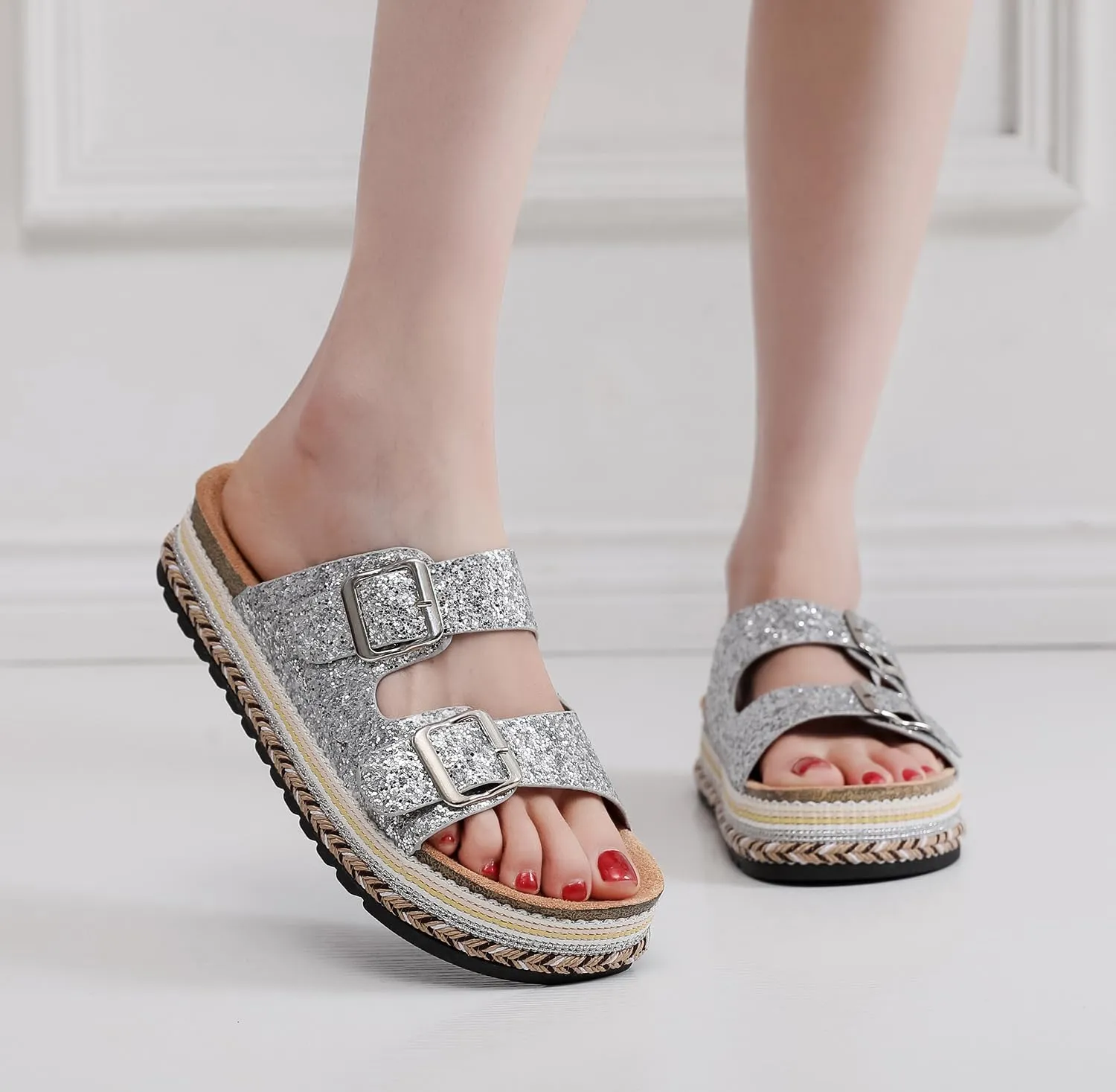 Womens Sandals Cork Footbed Slide Comfortable Summer Beach Shoes Platform Suede Leather with Arch Support Slippers Adjustable Buckle Rubber Sole