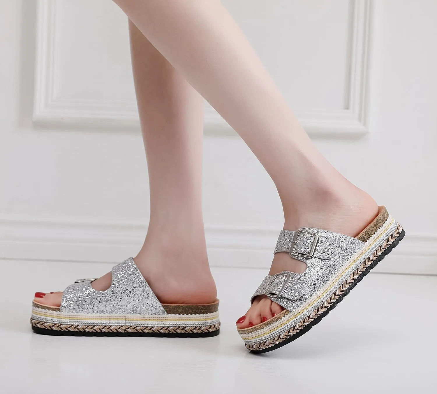 Womens Sandals Cork Footbed Slide Comfortable Summer Beach Shoes Platform Suede Leather with Arch Support Slippers Adjustable Buckle Rubber Sole