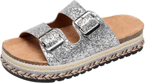 Womens Sandals Cork Footbed Slide Comfortable Summer Beach Shoes Platform Suede Leather with Arch Support Slippers Adjustable Buckle Rubber Sole