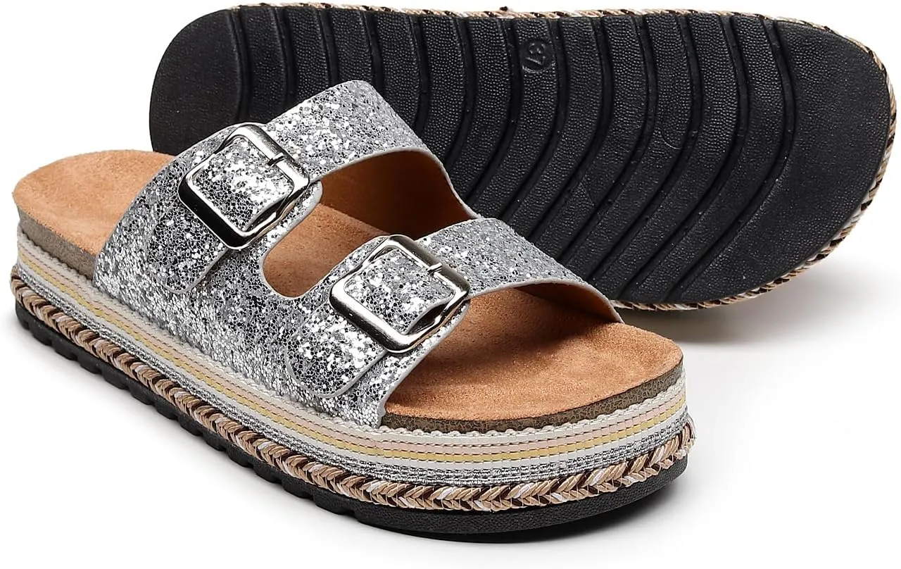 Womens Sandals Cork Footbed Slide Comfortable Summer Beach Shoes Platform Suede Leather with Arch Support Slippers Adjustable Buckle Rubber Sole