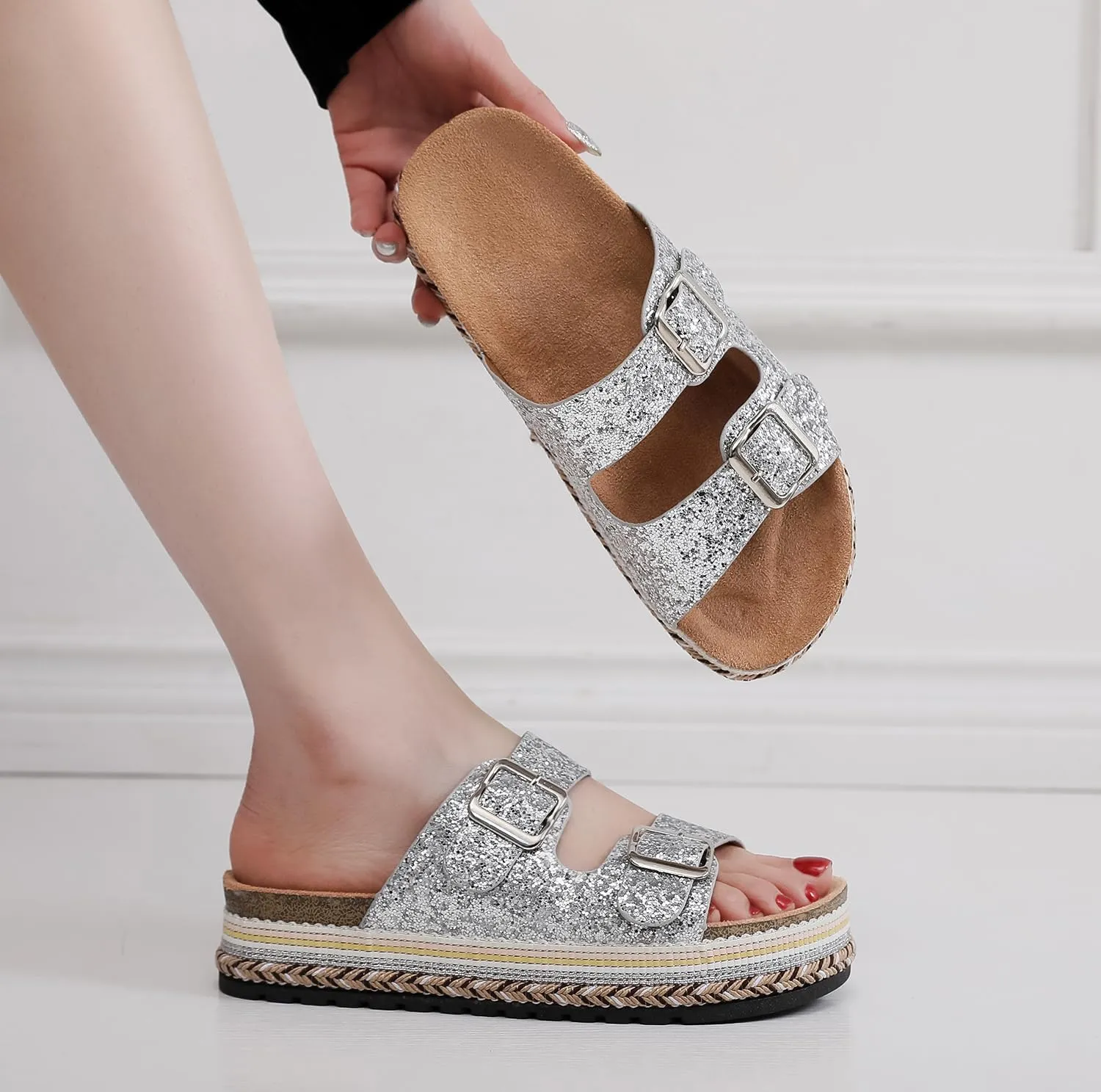 Womens Sandals Cork Footbed Slide Comfortable Summer Beach Shoes Platform Suede Leather with Arch Support Slippers Adjustable Buckle Rubber Sole