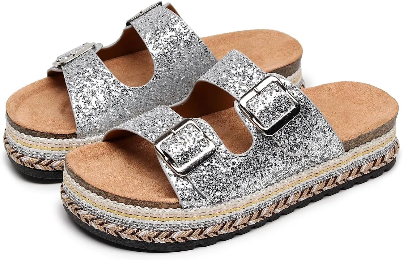 Womens Sandals Cork Footbed Slide Comfortable Summer Beach Shoes Platform Suede Leather with Arch Support Slippers Adjustable Buckle Rubber Sole
