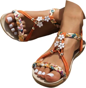 Womens Sandals Dressy Open Toe Beach Flats For Women Woven Elastic Strap Casual Bohemian Summer Dress Flat Shoes