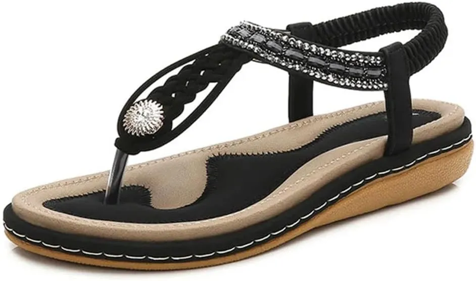 Women's Sandals Straw Rope Beaded Thick Sole Flat Sandals Plus Size Pointed Diamond Hot Beach Shoes
