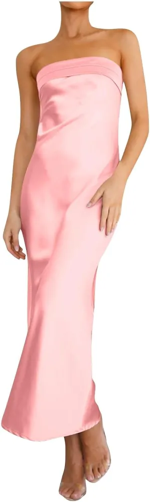 Womens Satin Tube Dresses Silk Bandeau Dress Maxi Formal Wedding Guest Evening Party Ball Gown Cutout Backless Outfit