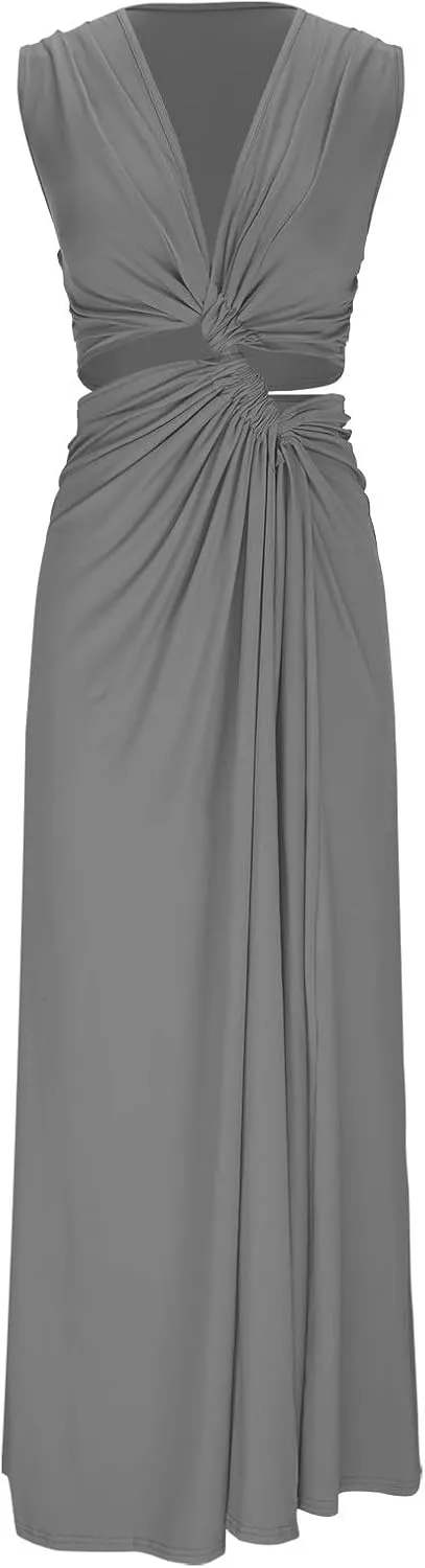 Womens Sexy Sleeveless Deep V-Neck Ruched Cut Off Bodycon Party Clubwear Dress Twist Front Dresses Beach Sundress