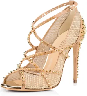 Women's Sexy Strappy Spikes Studded Stiletto High Heels Peep Open Toe Fishnet Hollow Mesh Rivets Heels Nightclub Y2K Punk