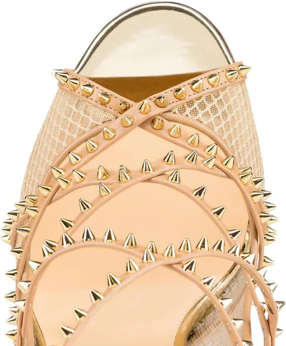 Women's Sexy Strappy Spikes Studded Stiletto High Heels Peep Open Toe Fishnet Hollow Mesh Rivets Heels Nightclub Y2K Punk