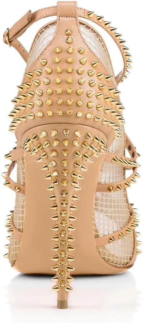 Women's Sexy Strappy Spikes Studded Stiletto High Heels Peep Open Toe Fishnet Hollow Mesh Rivets Heels Nightclub Y2K Punk