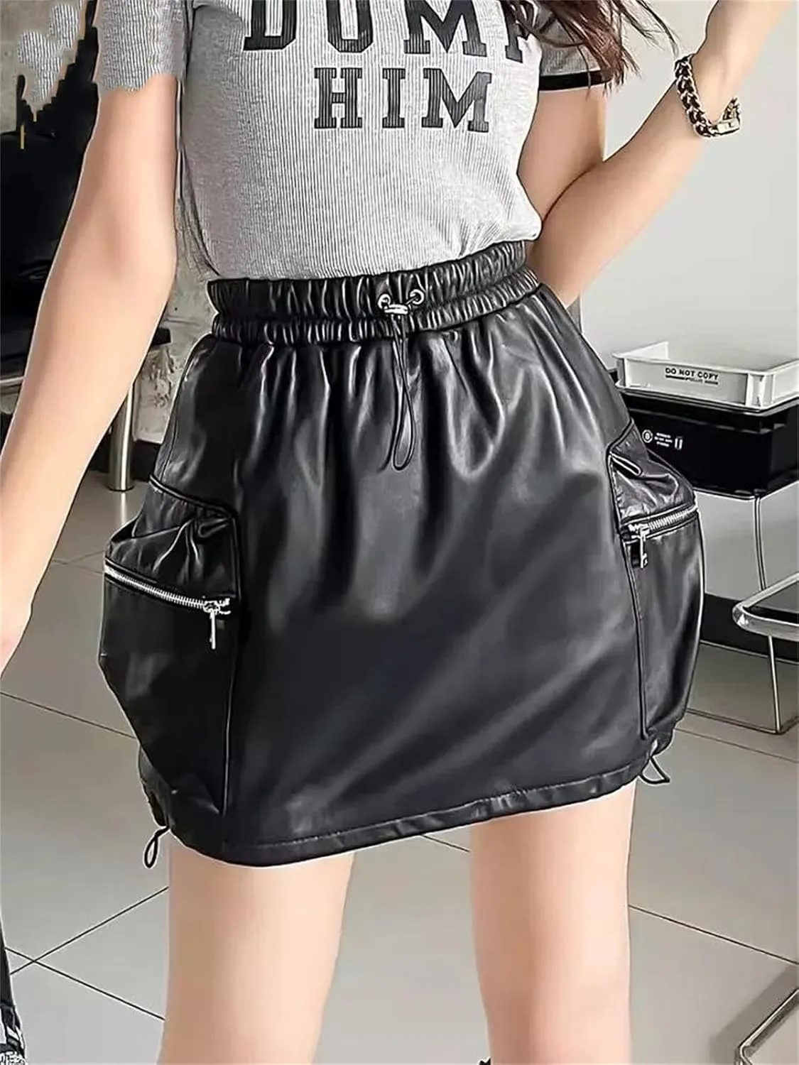 Women’s Sheepskin Biker Shorts Elastic Waist Zip Pocket Spring Casual Moto Streetwear