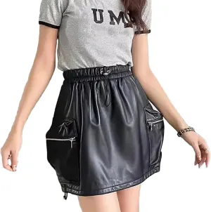 Women’s Sheepskin Biker Shorts Elastic Waist Zip Pocket Spring Casual Moto Streetwear