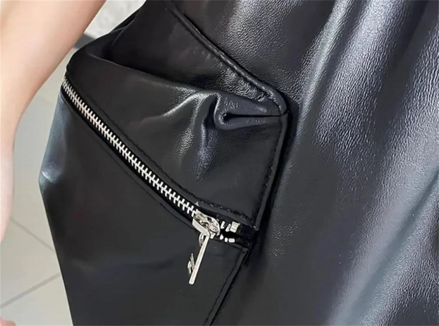 Women’s Sheepskin Biker Shorts Elastic Waist Zip Pocket Spring Casual Moto Streetwear