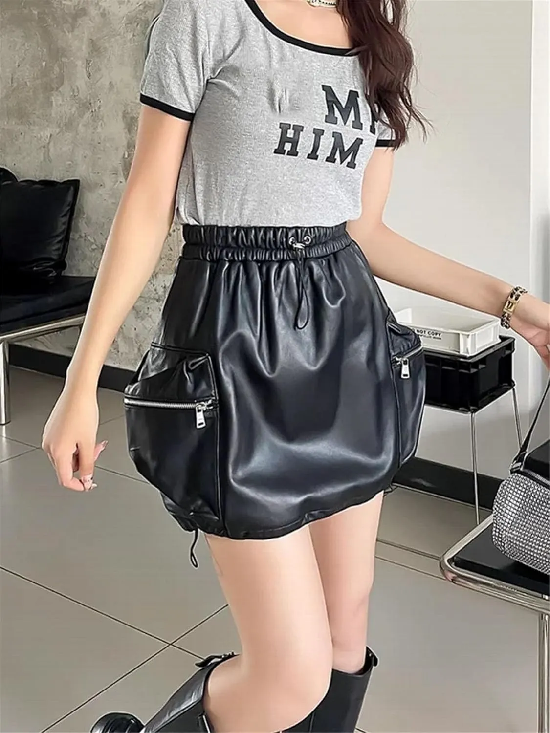 Women’s Sheepskin Biker Shorts Elastic Waist Zip Pocket Spring Casual Moto Streetwear