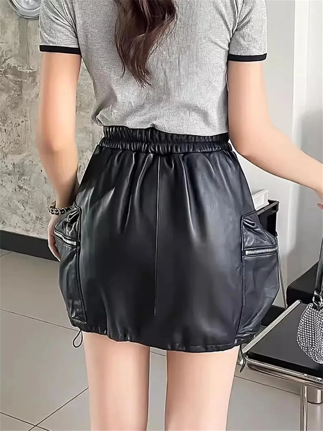 Women’s Sheepskin Biker Shorts Elastic Waist Zip Pocket Spring Casual Moto Streetwear