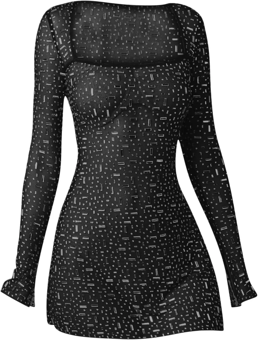 Womens Sheer Mesh Dress Sparkly Sequin Long Sleeve Square Neck Sexy Bodycon Slim Fit Dresses Party Night Club Outfits