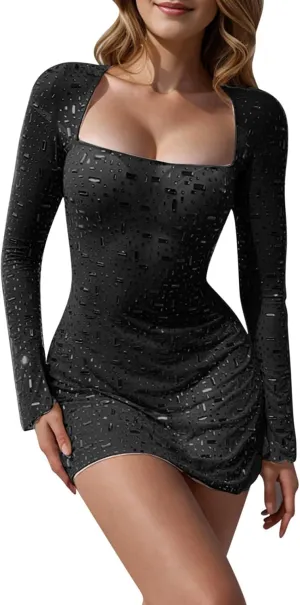Womens Sheer Mesh Dress Sparkly Sequin Long Sleeve Square Neck Sexy Bodycon Slim Fit Dresses Party Night Club Outfits