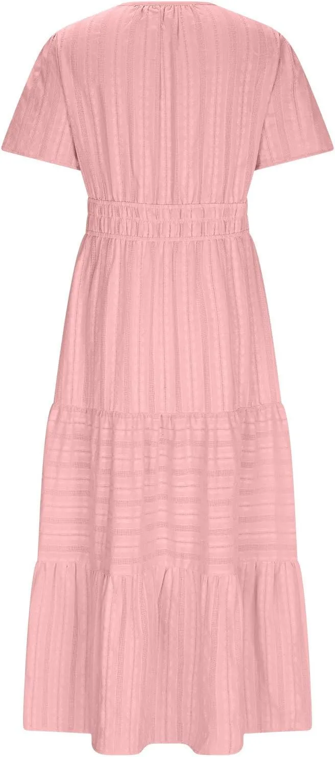 Women's Short Sleeve Fashion Sun Dress Simple Solid Color Beach Dresses Flowy Casual Clothes