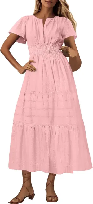 Women's Short Sleeve Fashion Sun Dress Simple Solid Color Beach Dresses Flowy Casual Clothes
