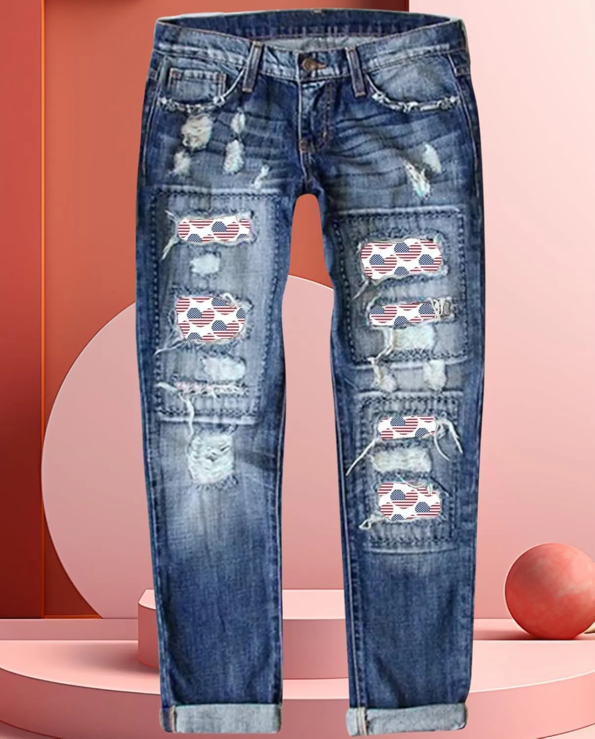 Women's Skinny Ripped Jeans - Mid-Rise Stretch Denim with Destroyed Holes & Retro Plaid Patch Design​