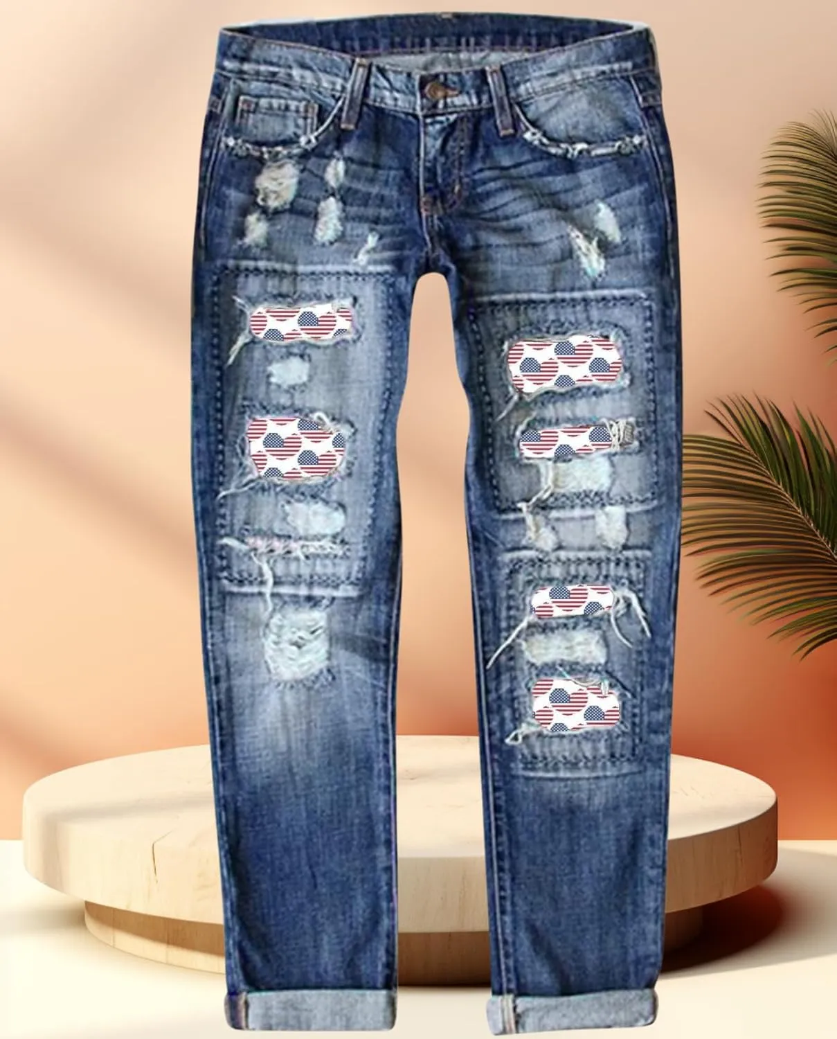 Women's Skinny Ripped Jeans - Mid-Rise Stretch Denim with Destroyed Holes & Retro Plaid Patch Design​