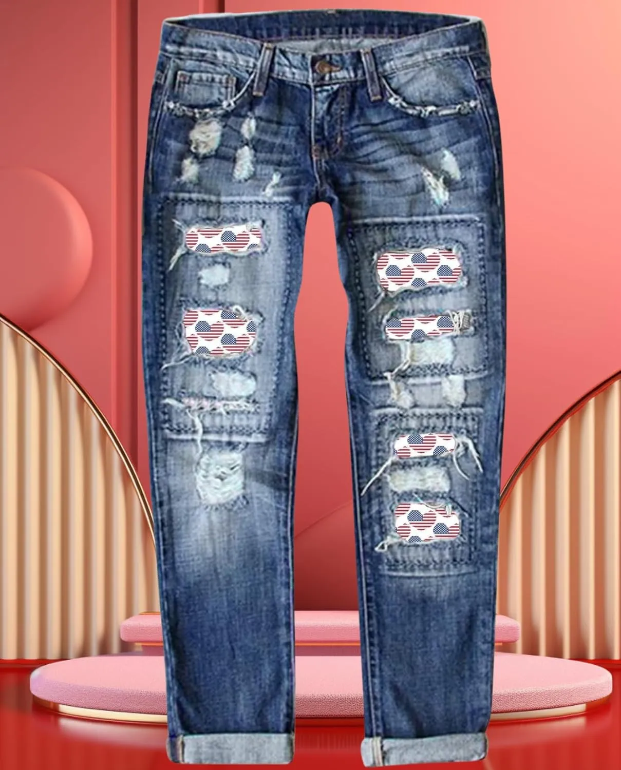 Women's Skinny Ripped Jeans - Mid-Rise Stretch Denim with Destroyed Holes & Retro Plaid Patch Design​