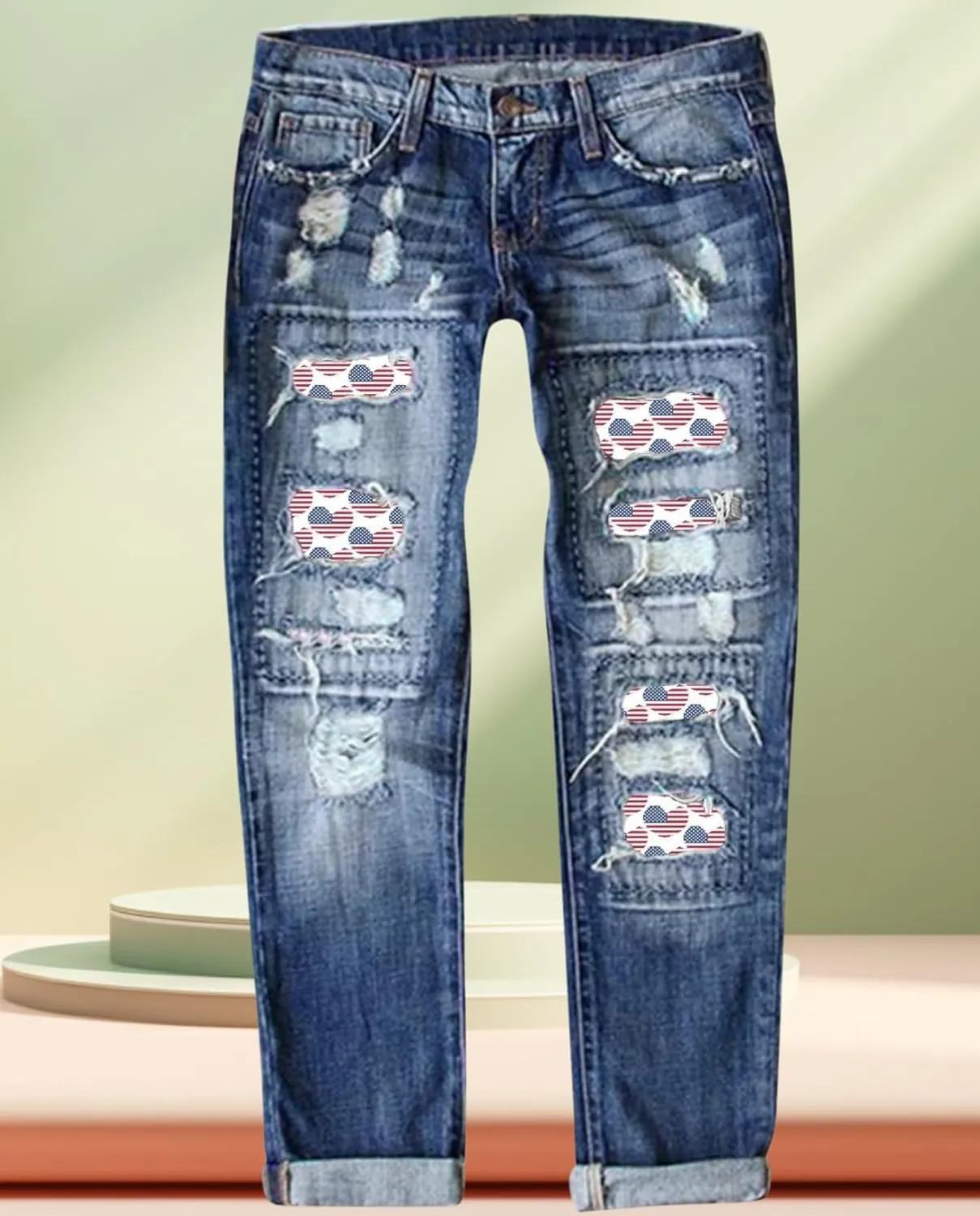 Women's Skinny Ripped Jeans - Mid-Rise Stretch Denim with Destroyed Holes & Retro Plaid Patch Design​