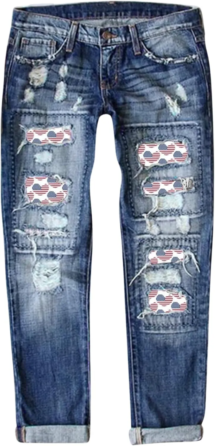 Women's Skinny Ripped Jeans - Mid-Rise Stretch Denim with Destroyed Holes & Retro Plaid Patch Design​
