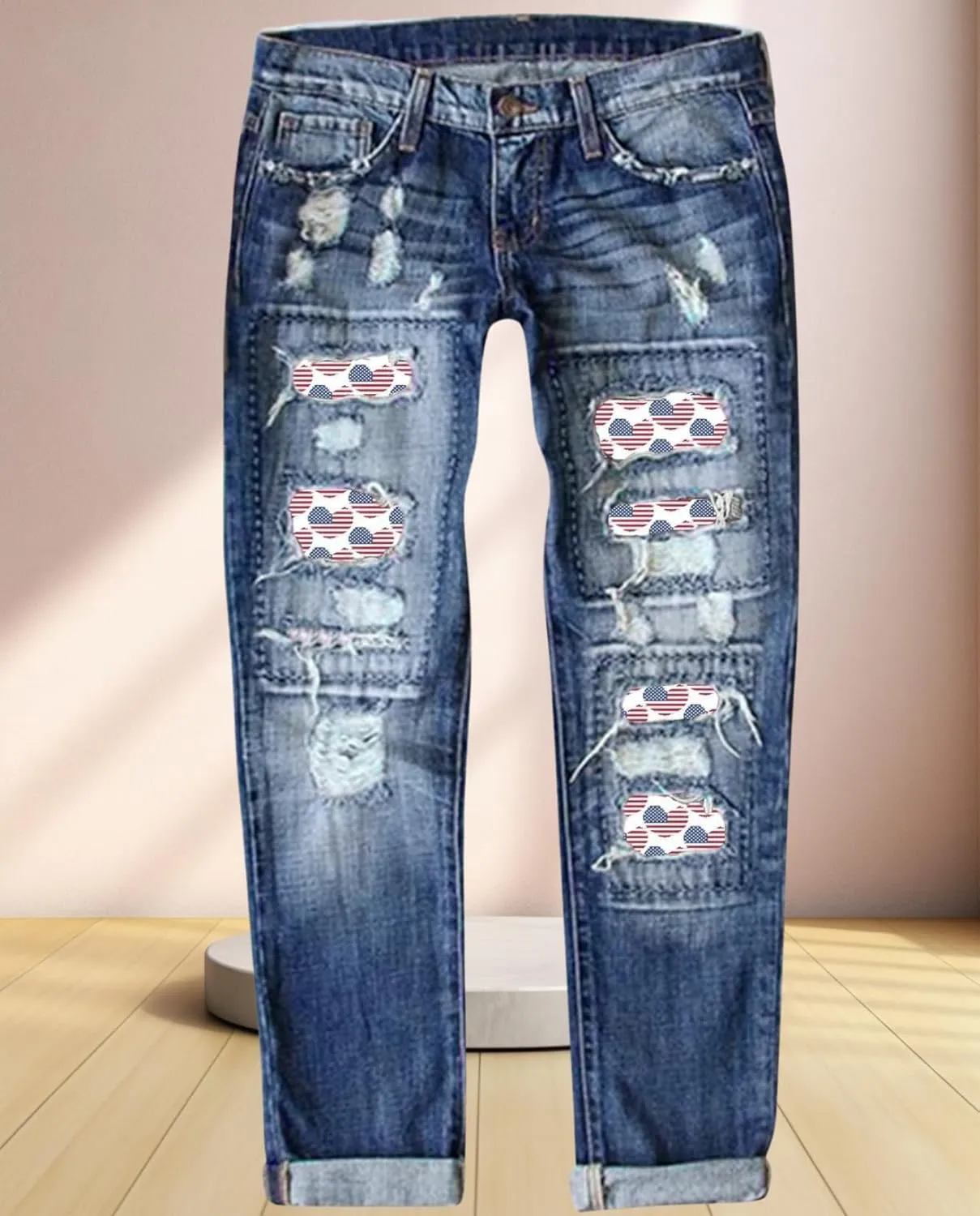 Women's Skinny Ripped Jeans - Mid-Rise Stretch Denim with Destroyed Holes & Retro Plaid Patch Design​