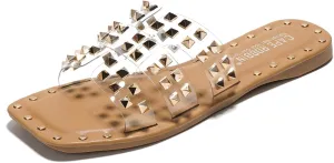 Women's Slide Sandals with Gold Spike Studded Design - Open-Toe Summer Slides for Women, Slip-On Comfortable Sandals for Casual Beach, Pool, or Outfits | Lightweight Trendy Footwear (Amisha)