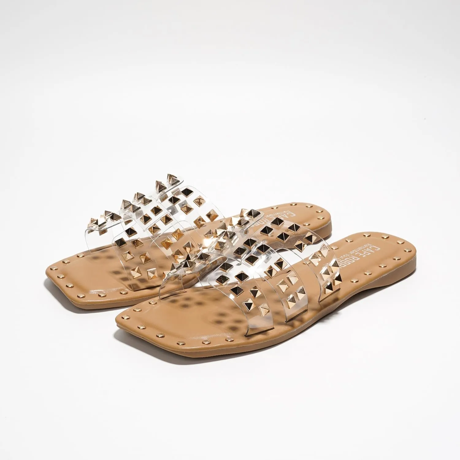 Women's Slide Sandals with Gold Spike Studded Design - Open-Toe Summer Slides for Women, Slip-On Comfortable Sandals for Casual Beach, Pool, or Outfits | Lightweight Trendy Footwear (Amisha)