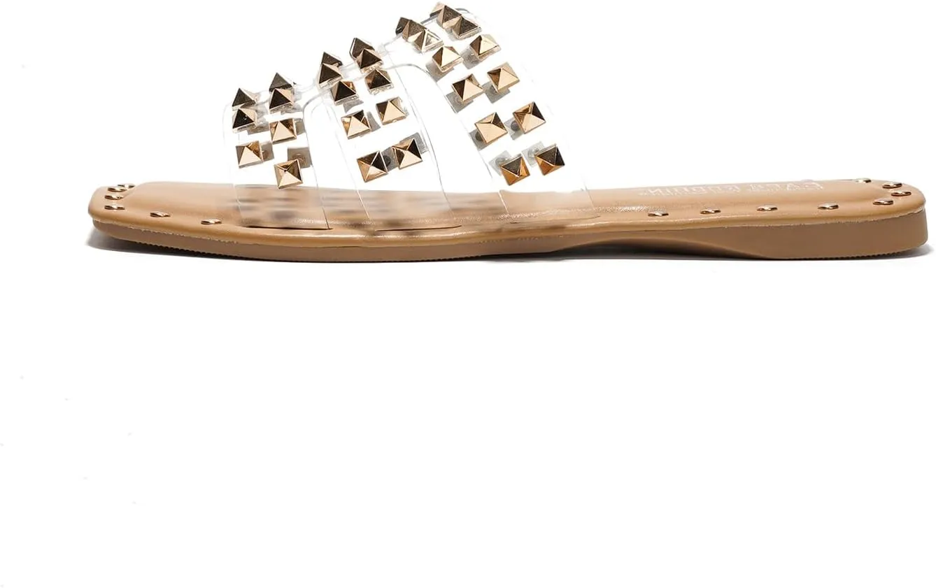Women's Slide Sandals with Gold Spike Studded Design - Open-Toe Summer Slides for Women, Slip-On Comfortable Sandals for Casual Beach, Pool, or Outfits | Lightweight Trendy Footwear (Amisha)