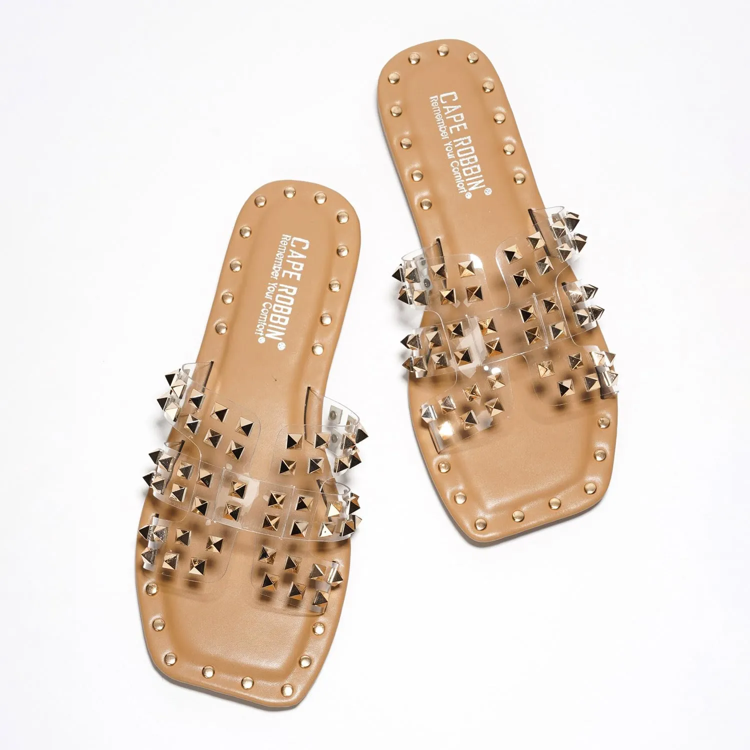 Women's Slide Sandals with Gold Spike Studded Design - Open-Toe Summer Slides for Women, Slip-On Comfortable Sandals for Casual Beach, Pool, or Outfits | Lightweight Trendy Footwear (Amisha)