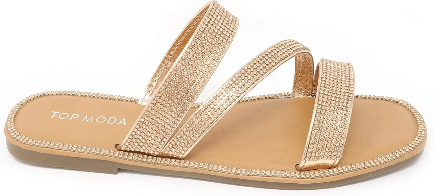 Women's Slip on Flat Sandals Casual Bling Rhinestone Strap Sandals Open Toe Slide Sandals