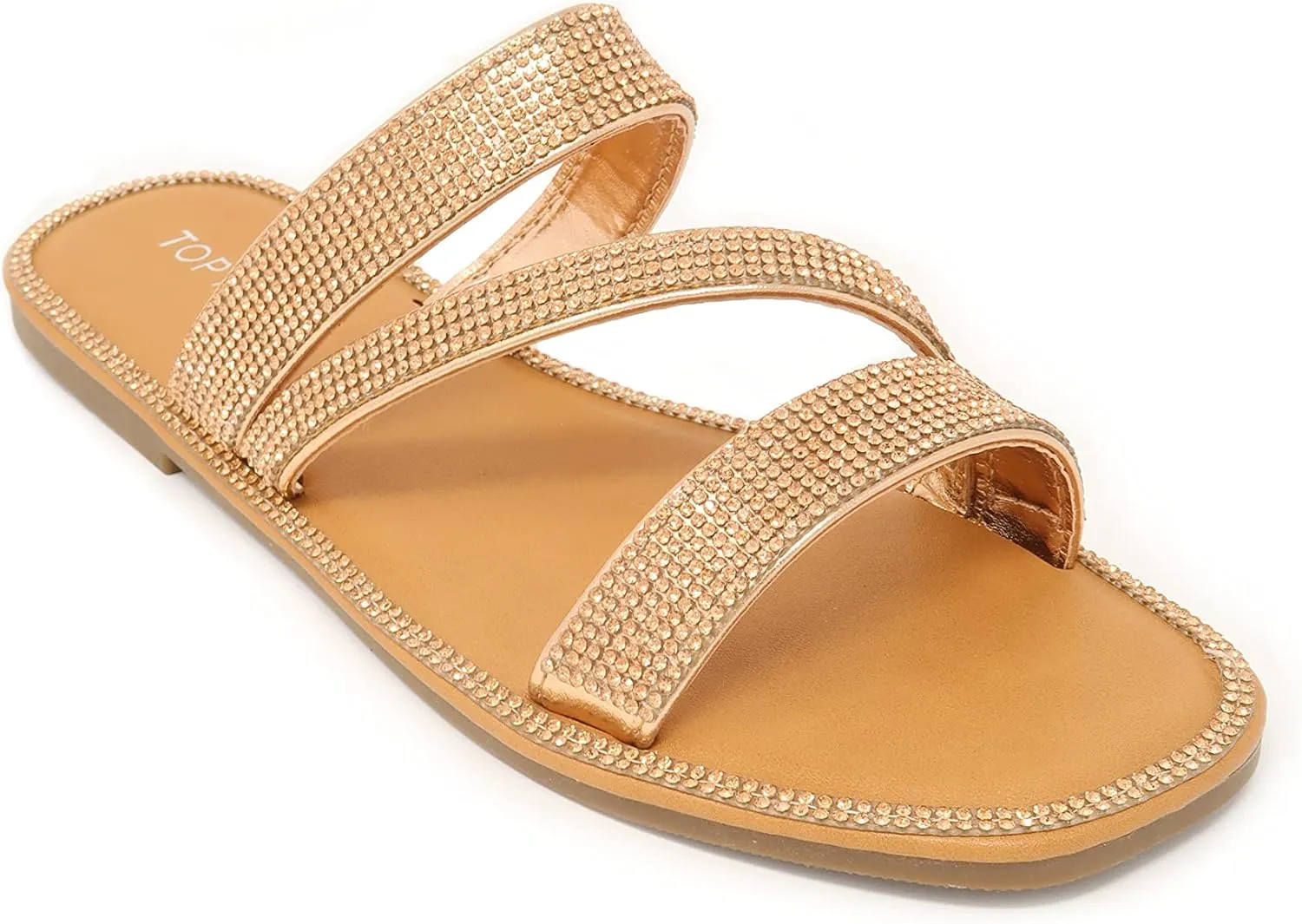 Women's Slip on Flat Sandals Casual Bling Rhinestone Strap Sandals Open Toe Slide Sandals