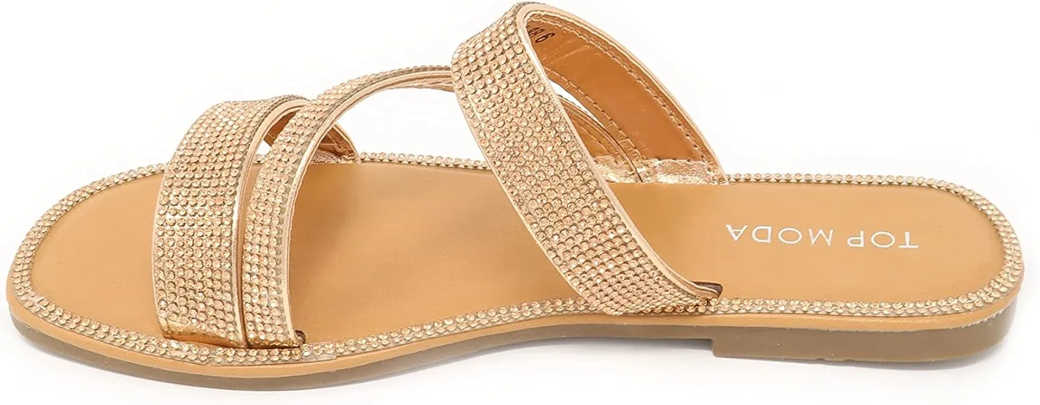 Women's Slip on Flat Sandals Casual Bling Rhinestone Strap Sandals Open Toe Slide Sandals