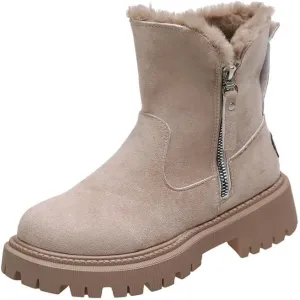 Women's Solid Color Fluffy Boots, Side Zipper Platform Soft Sole Plush Lined Winter Boots, Non-slip Warm Snow Boots