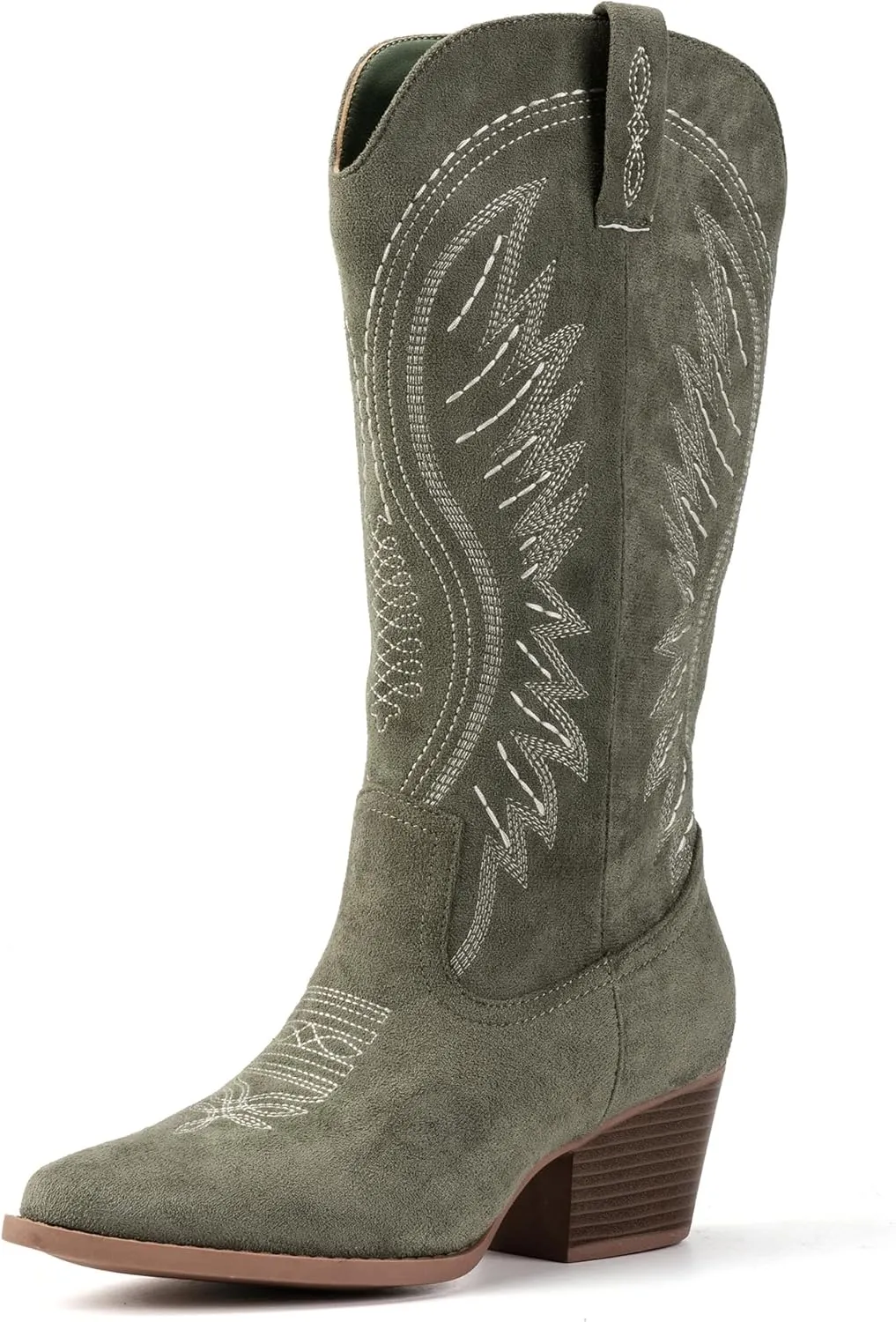 Women's Solid Color Suede Embroidered Side Zipper High Heeled Boots With Sloping Heels, Versatile Trendy, Cowboy Boot