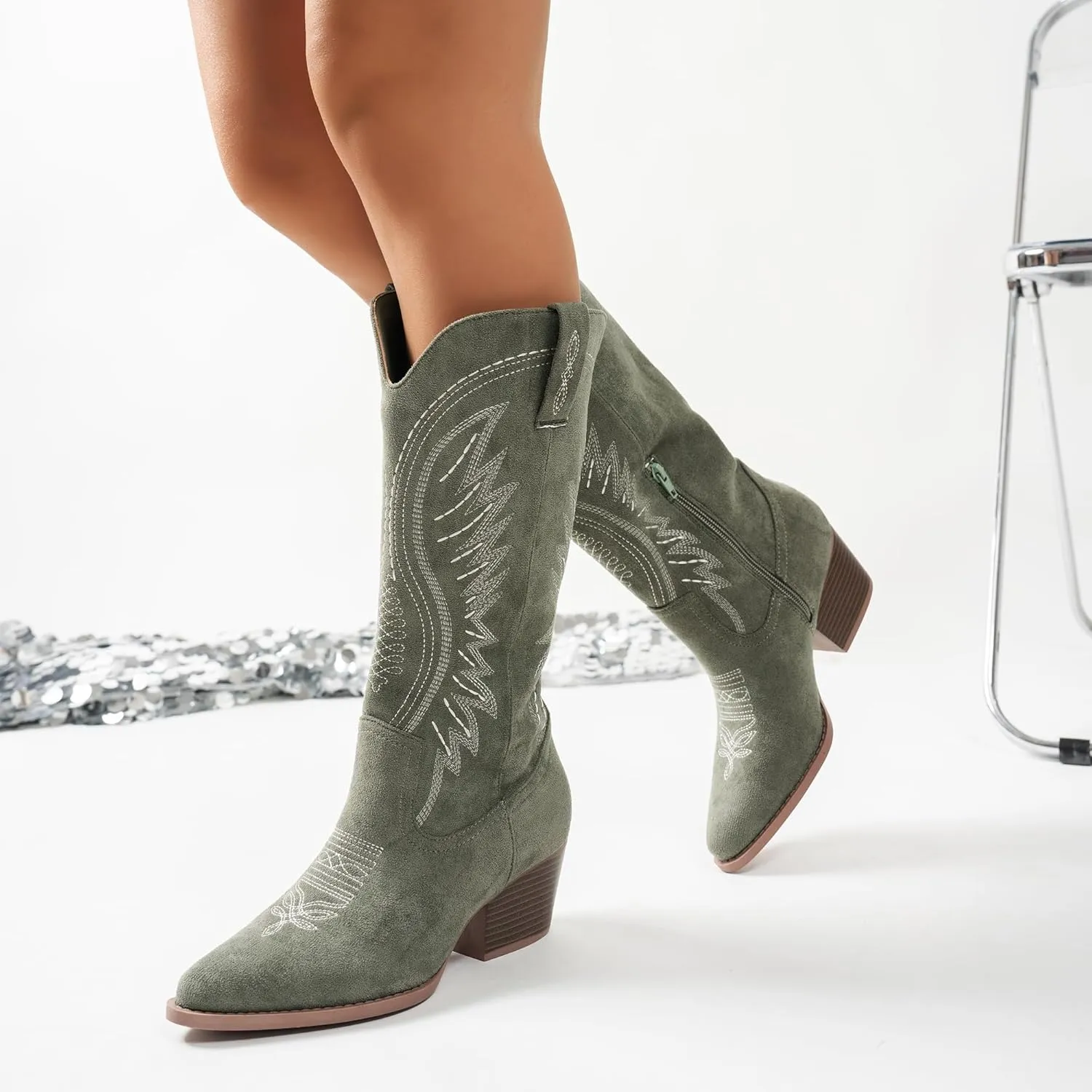 Women's Solid Color Suede Embroidered Side Zipper High Heeled Boots With Sloping Heels, Versatile Trendy, Cowboy Boot