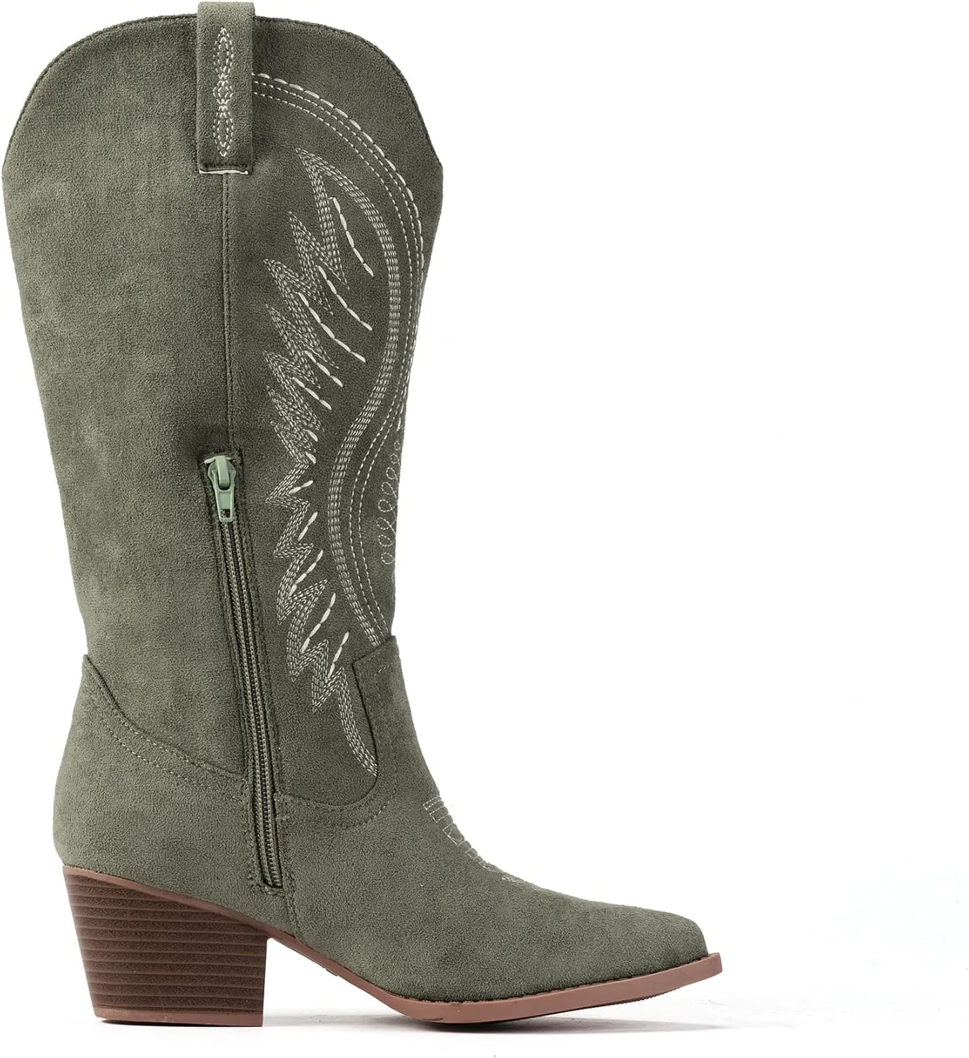 Women's Solid Color Suede Embroidered Side Zipper High Heeled Boots With Sloping Heels, Versatile Trendy, Cowboy Boot