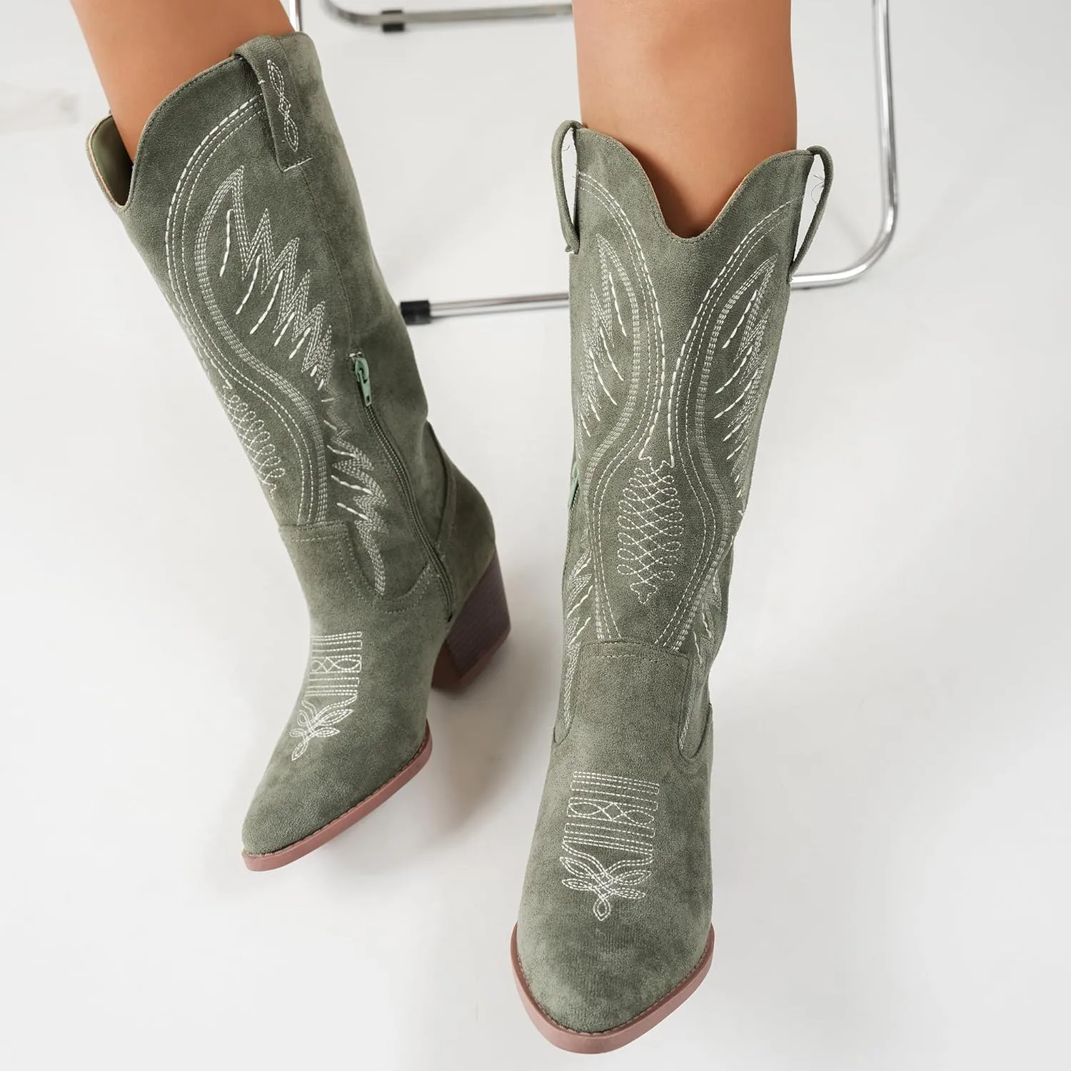 Women's Solid Color Suede Embroidered Side Zipper High Heeled Boots With Sloping Heels, Versatile Trendy, Cowboy Boot