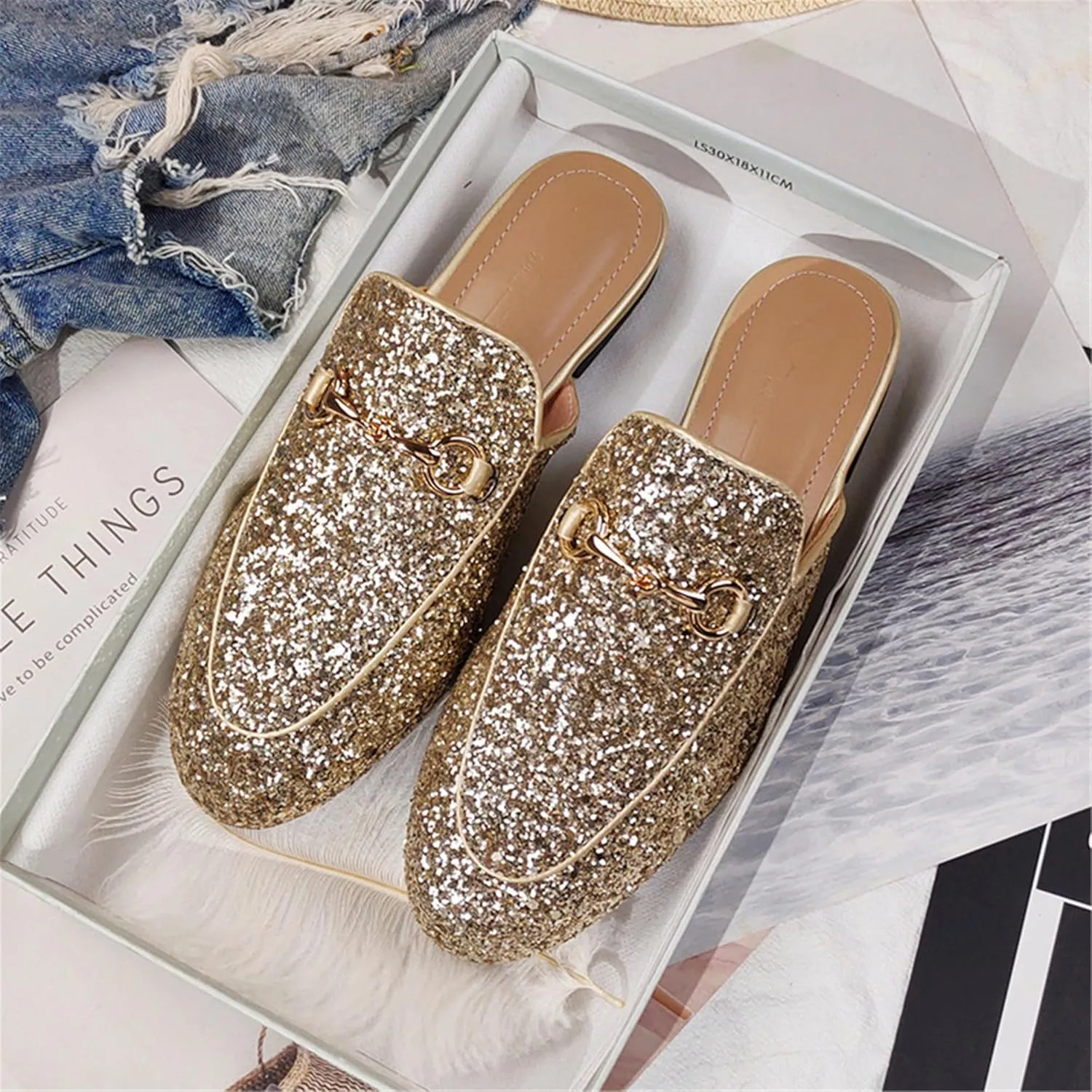 Women's Solid Flat Sequin Mule Shoes with Metal Decoration-Closed Toe Slip-On Sandals
