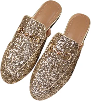 Women's Solid Flat Sequin Mule Shoes with Metal Decoration-Closed Toe Slip-On Sandals