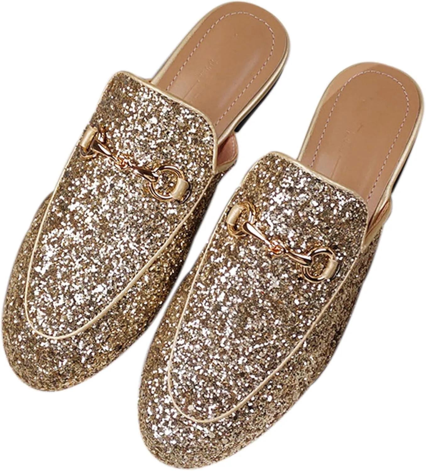 Women's Solid Flat Sequin Mule Shoes with Metal Decoration-Closed Toe Slip-On Sandals