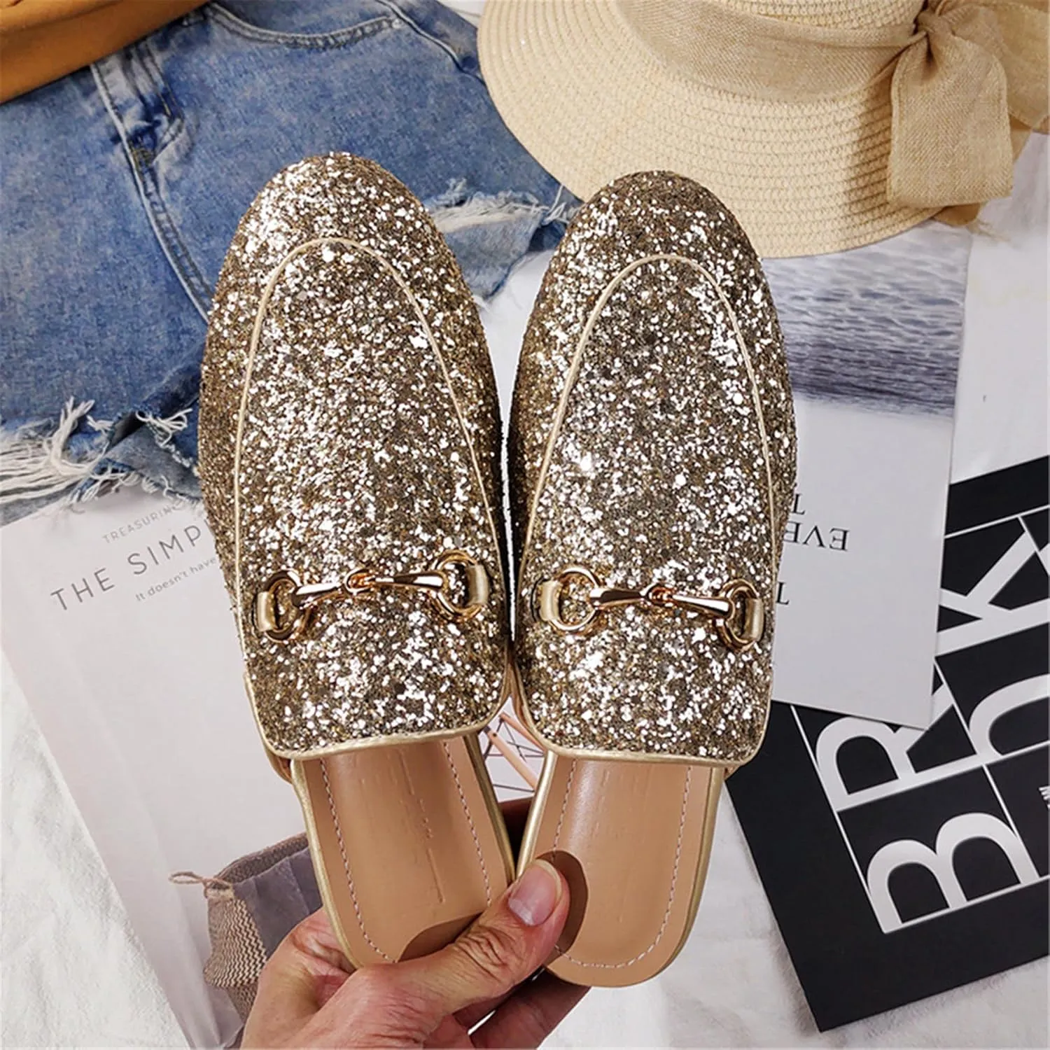 Women's Solid Flat Sequin Mule Shoes with Metal Decoration-Closed Toe Slip-On Sandals