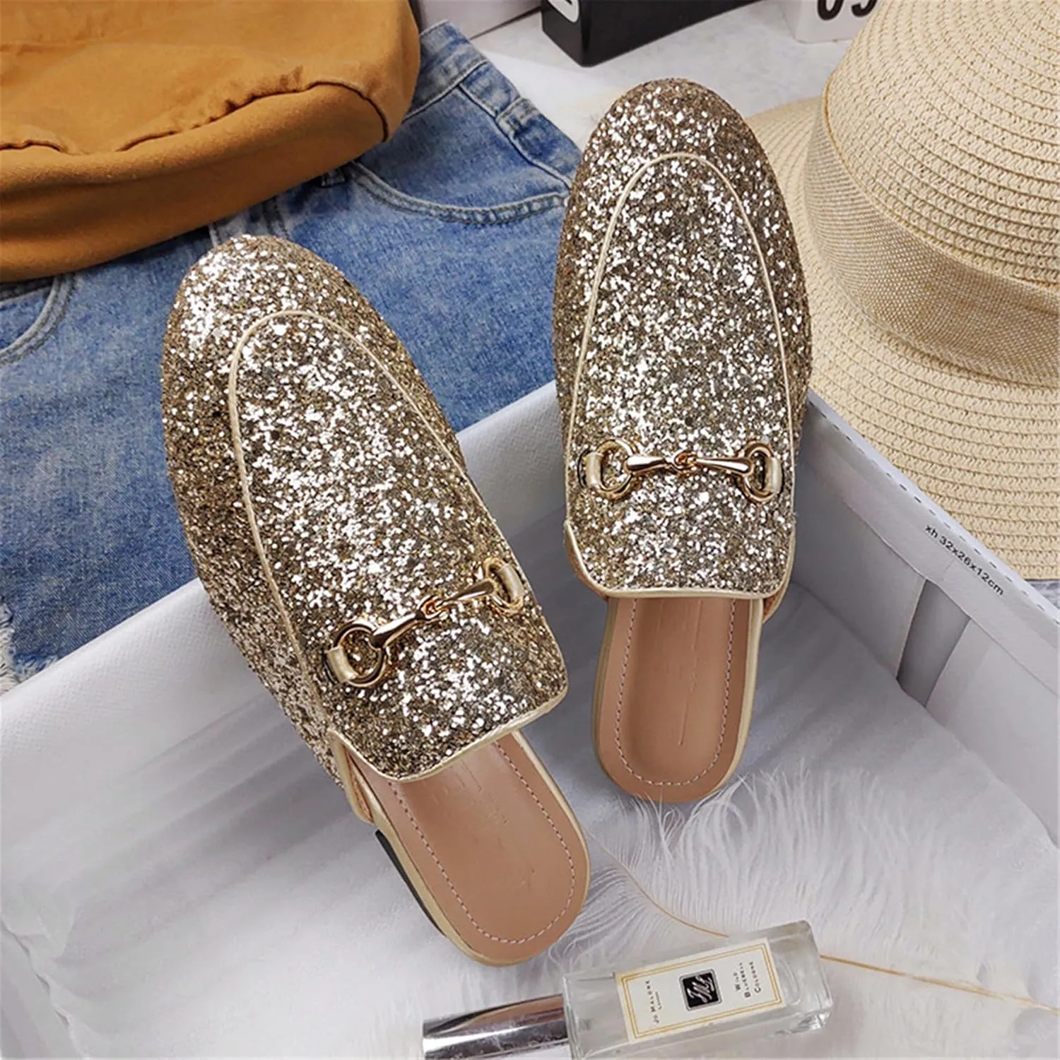 Women's Solid Flat Sequin Mule Shoes with Metal Decoration-Closed Toe Slip-On Sandals