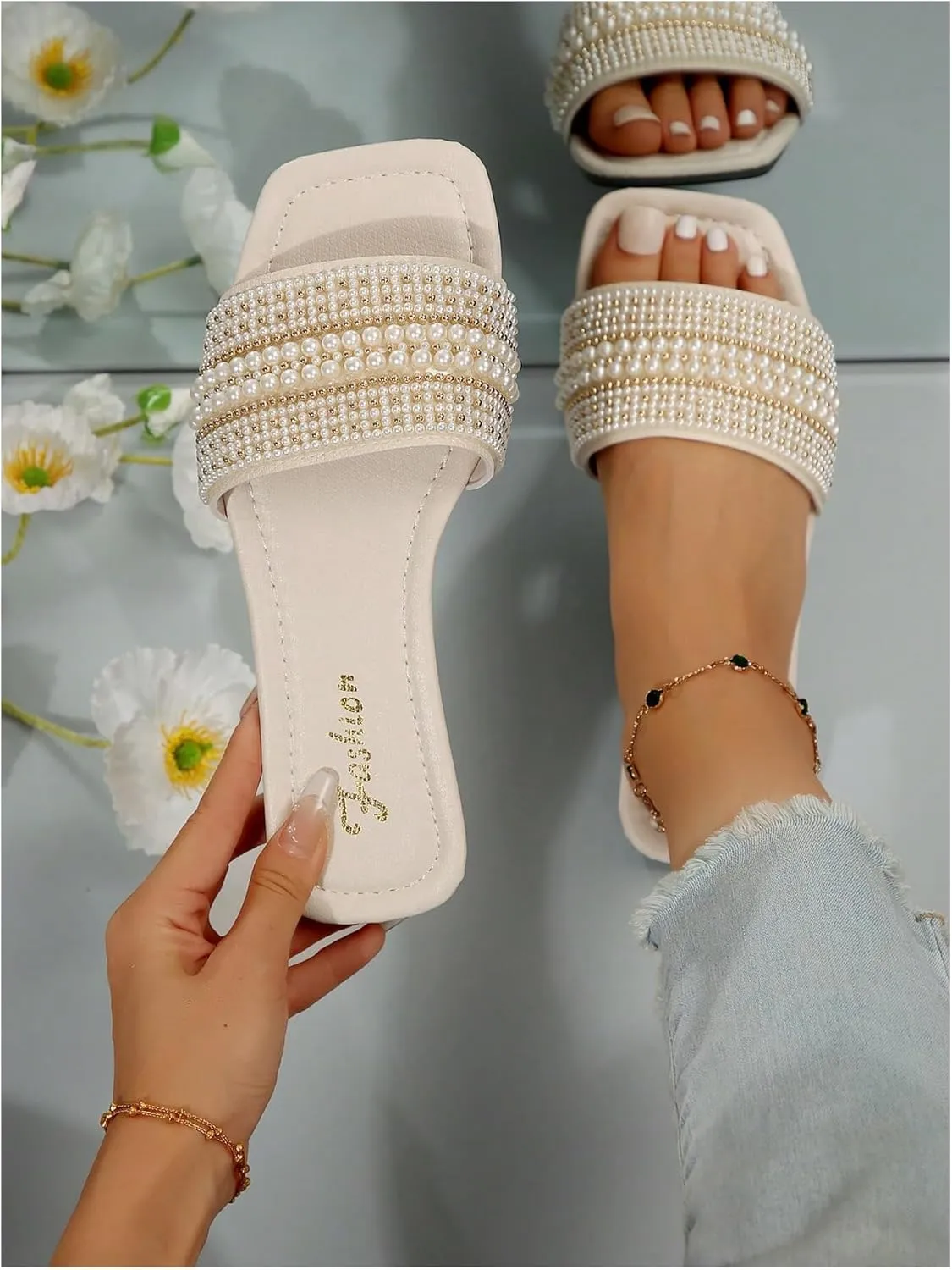 Women's Sparkle Pearl Flat Sandals Fashion Bling Rhinestone Square Open Toe Wedding Sandals