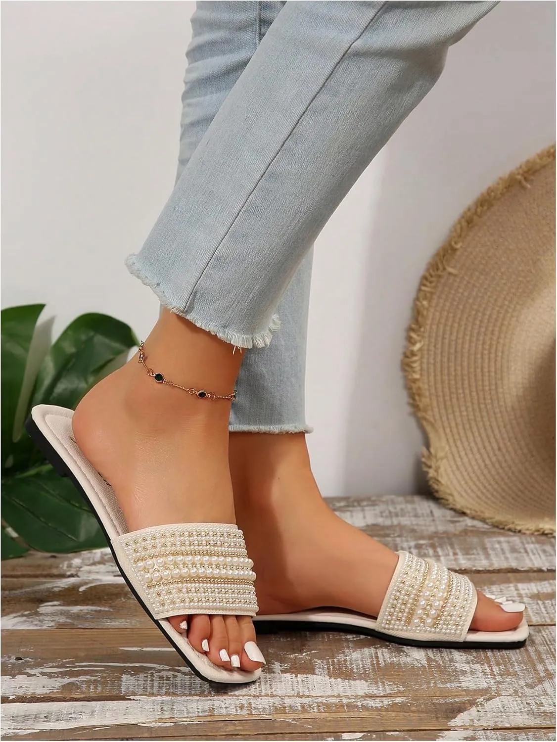 Women's Sparkle Pearl Flat Sandals Fashion Bling Rhinestone Square Open Toe Wedding Sandals