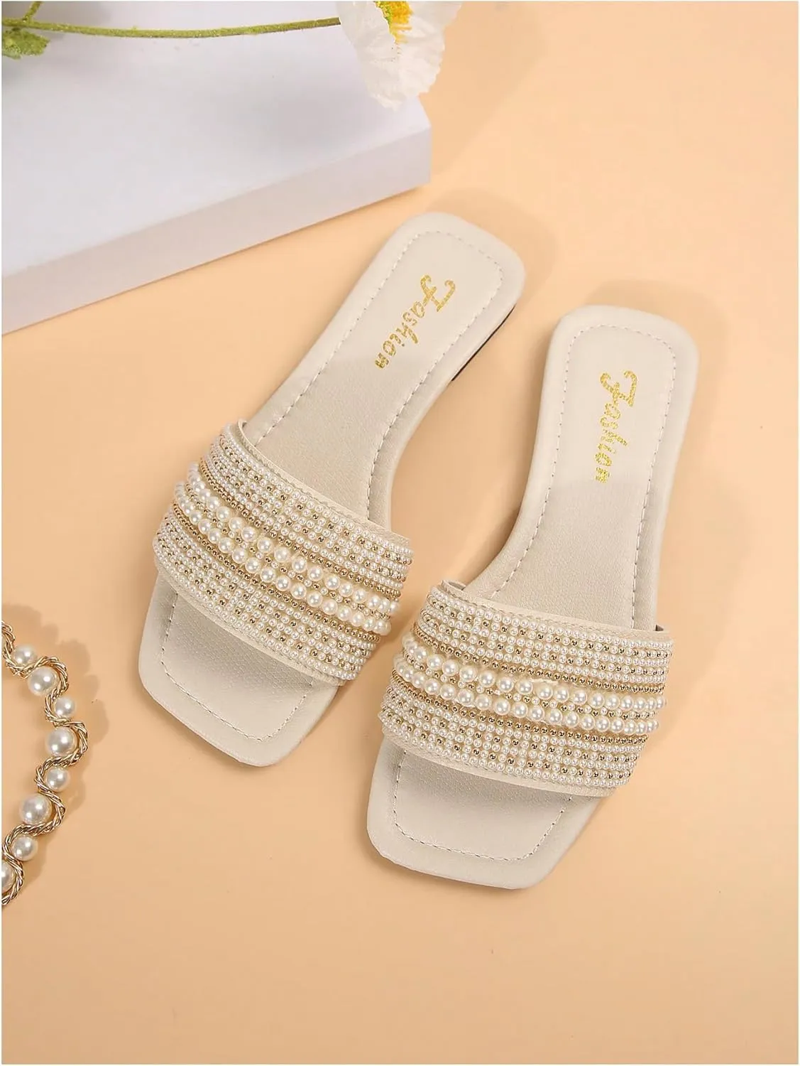 Women's Sparkle Pearl Flat Sandals Fashion Bling Rhinestone Square Open Toe Wedding Sandals